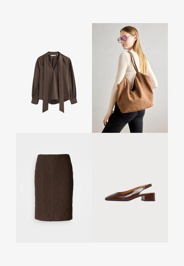 Brun langærmet bluse med dyb V-udskæring, fastgjort bred slips og rynkede manchetter.; Brun knælang nederdel lavet af tekstureret stof med en krøllet overflade. Har et tætsiddende design og ingen synlige lukninger eller accenter.; Brun læder dameslingback sko med spids tå og lav blokhæl på en lys grå baggrund.; Brun ruskind tote taske med blød tekstur, stor åbning og lange stropper. Har et enkelt design med synlige syninger og ingen hardware.