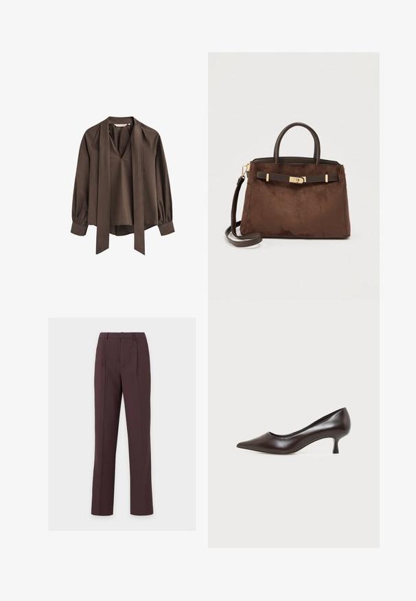 Bruine blouse met lange mouwen en diepe V-hals, bevestigde brede stropdas en gather cuffs.; Rechte donkere bruine op maat gemaakte broek met riemlussen en voorvouwen, weergegeven tegen een effen lichte achtergrond.; Donkerbruine leren pump met spitse neus en lage gebogen hak op een witte achtergrond.; Bruine suède handtas met dubbele bovenhandvatten en afneembare schouderriem. Voorzien van een goudkleurige sluiting en een minimalistisch ontwerp met gladde randen.