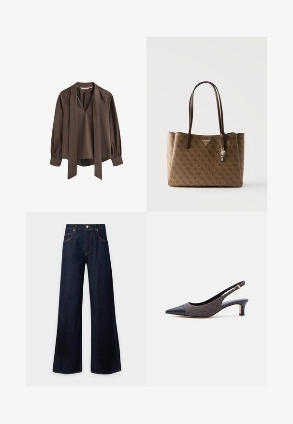 Braune Bluse mit langen Ärmeln und tiefem V-Ausschnitt, befestigtem breiten Halsband und gerafften Bündchen.; Dunkelblaue Jeans mit weitem Bein, vorne mit Knopf- und Reißverschluss, Gürtelschlaufen sowie Taschen vorne und hinten.; Slingback-Kitten-Heel mit spitzer schwarzer Lederkappe und dunkel gemustertem Stoffschaft, ausgestattet mit einer kleinen goldenen Schnalle am Riemen.; Braune gemusterte Guess Tote Bag mit doppelten dunkelbraunen Griffen und goldfarbenem Logoanhänger vor einfarbigem Hintergrund.