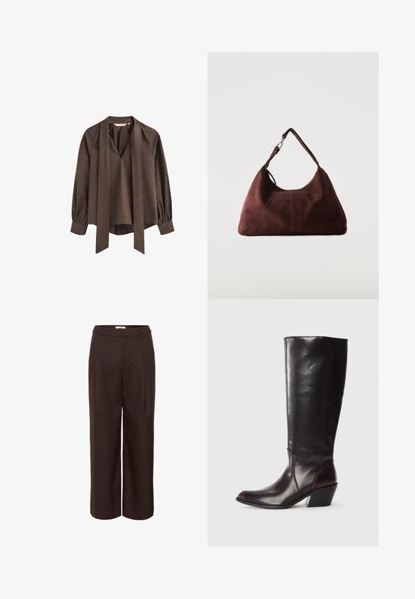 Bruine blouse met lange mouwen en diepe V-hals, bevestigde brede stropdas en gather cuffs.; Donkerbruine broek met wijde pijpen, plooien, riemlussen en een verborgen voorsluiting, afgebeeld op een witte achtergrond.; Knielange, donkerbruine leren laars met een spitse neus, hoekige blokhak en een gladde, glanzende textuur. Heeft een strak ontwerp en stikdetails.; Zachte bruine suède schoudertas met een enkele riem en zilverkleurige metalen accenten op een effen lichte achtergrond.