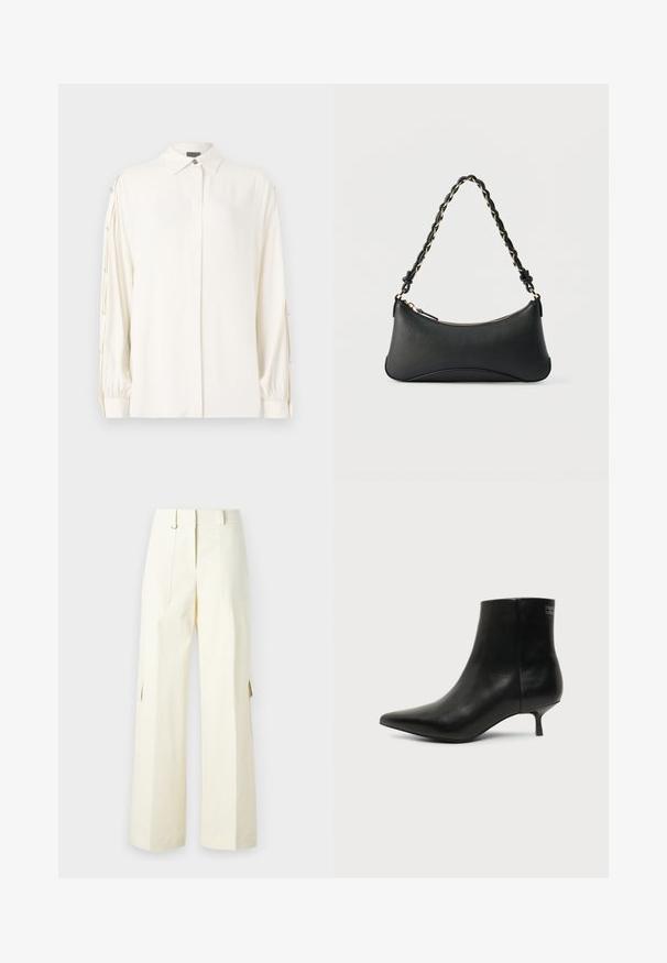 Chemisier blanc à manches longues avec un col, une fermeture à boutons à l'avant et des poignets froncés. Présente des boutons décoratifs le long des manches. Texture lisse.; Pantalons cargo à jambes larges en tissu crème clair, dotés de poches à rabat, d'une taille haute et de fentes latérales pour un détail et une fonctionnalité supplémentaires.; Bottine en cuir noir avec bout pointu et petit talon kitten sur fond clair, vue côté extérieur.; Sac à bandoulière en cuir noir de forme rectangulaire incurvée, avec une chaîne dorée tissée dans la bandoulière noire tressée et une fermeture éclair sur le dessus.