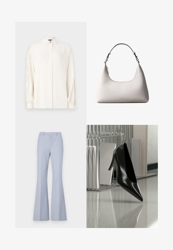 Chemisier blanc à manches longues avec un col, une fermeture à boutons à l'avant et des poignets froncés. Présente des boutons décoratifs le long des manches. Texture lisse.; Pantalons évasés bleu clair avec une texture lisse, dotés d'un devant plat, de deux poches latérales et d'une ceinture propre.; Chaussure noire à talon haut avec bout pointu et logo doré, posée sur une surface réfléchissante près d'un organiseur de dossiers en fil chromé contenant des documents.; Sac à bandoulière en cuir couleur crème de Calvin Klein avec bord supérieur incurvé, fermeture éclair argentée et sangle ajustable brun foncé.