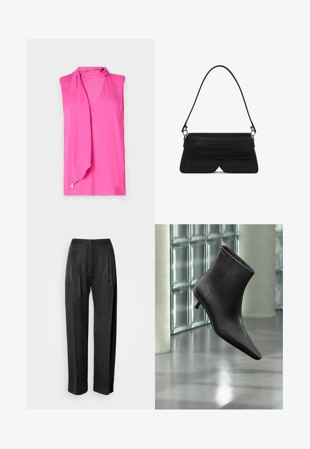 Top sans manches de couleur rose vif, avec un doux décolleté drapé et un subtil détail en ruban au niveau de l'ourlet. Fabriqué en tissu lisse et léger.; Pantalon noir à jambes larges en tissu lisse, avec plis sur le devant, braguette zippée et ceinture classique.; Bottine en cuir noir avec bout pointu et petit talon, présentée devant un mur en blocs de verre et un sol poli.; Sac d'épaule noir en forme de trapèze avec rabat, logo embossé sur le devant et une seule fine bandoulière attachée par des anneaux argentés.