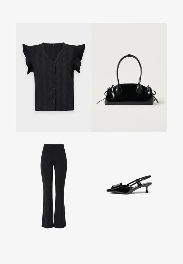 Blouse noire à manches courtes avec un décolleté en V, présentant un motif en zigzag texturé et une fermeture à boutons à l'avant. Matière douce et légère.; Pantalon noir taille haute extensible avec jambe légèrement évasée et design lisse sans coutures, sur fond blanc.; Talons aiguilles en cuir verni noir avec un bout pointu, un détail en nœud à l'avant et un petit talon stiletto. Les brides sont équipées de boucles ajustables.; Petit sac à main noir brillant avec deux longues anses et des détails à cordon sur les côtés sur un fond clair uni.