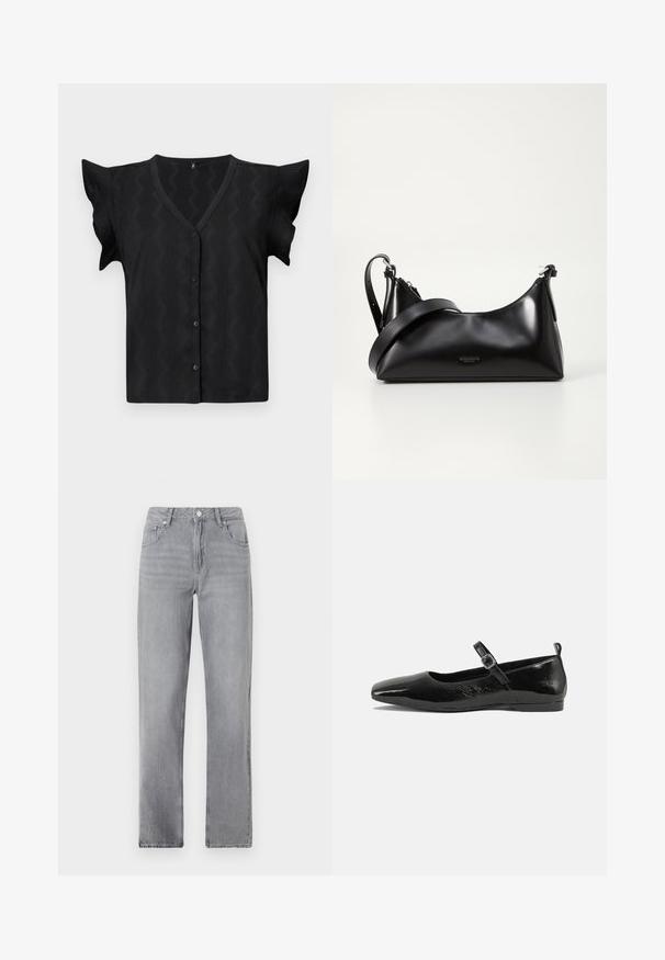 Blouse noire à manches courtes avec un décolleté en V, présentant un motif en zigzag texturé et une fermeture à boutons à l'avant. Matière douce et légère.; Jean droit gris avec poches avant, fermeture à bouton et coupe classique, présenté sur un fond blanc uni.; Chaussure plate en cuir verni noir avec un bout pointu, une sangle de cheville avec boucles, et une texture lisse et brillante. Talon bas pour le confort.; Sac à main en cuir noir avec une texture lisse. Dispose d'une bandoulière adjustable et d'un design élégant et minimaliste avec une fermeture éclair.