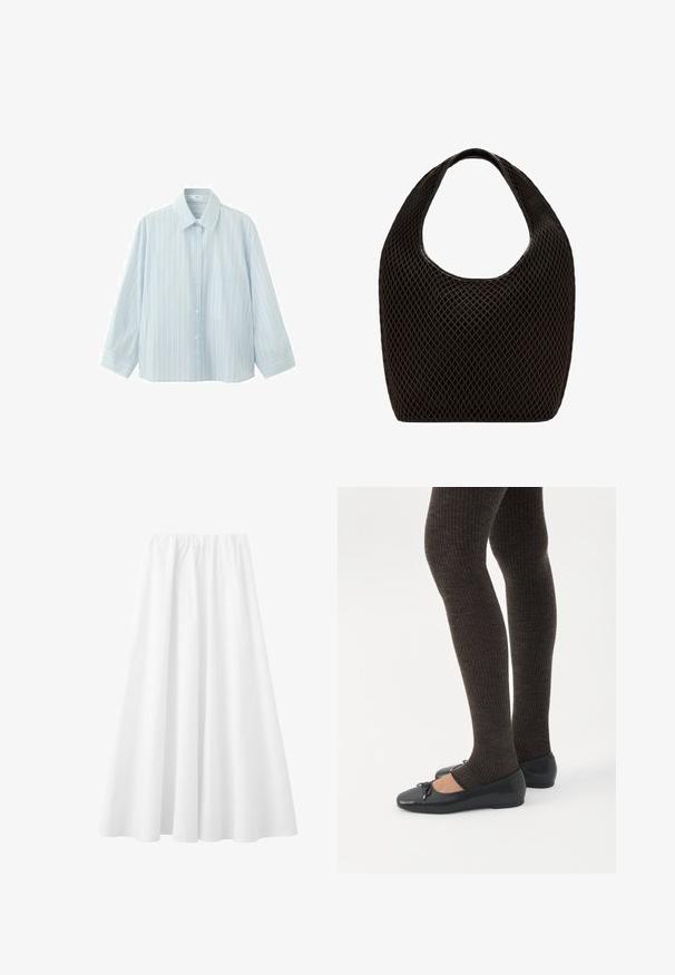 Chemise à manches longues bleu clair avec des rayures verticales blanches et jaunes et une poche poitrine unique.; Longue jupe blanche avec une taille élastique et un tissu fluide s'étendant jusqu'à l'ourlet.; Jambes portant des leggings côtelés foncés associés à des ballerines noires avec de petits détails en nœud sur fond blanc.; Sac cabas noir en maille à tissage ouvert avec poignée supérieure arrondie et corps large et incurvé.