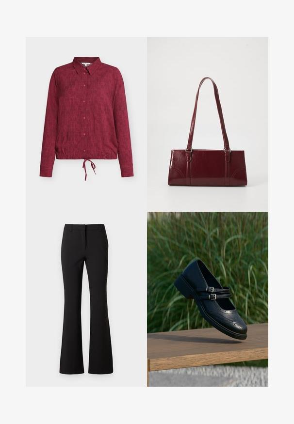 Chemise bordeaux à boutons avec col, présentant une texture rayée verticale, manches longues, et un détail de lien au bas de l'ourlet.; Pantalon évasé noir en tissu lisse, présentant un pli frontal, des passants de ceinture et une coupe ajustée. Design épuré sans motifs visibles.; Chaussure Mary Jane en cuir noir avec doubles brides bouclées et détails brogue, flottant au-dessus d'un banc en bois avec en arrière-plan de l'herbe verte.; Sac à main bordeaux en matériau brillant, de forme rectangulaire, avec deux anses et des accents légèrement courbés à l'avant.