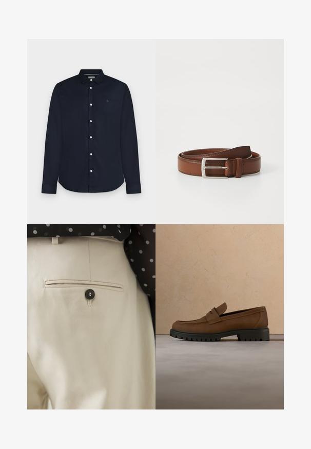 Chemise homme bleu marine à manches longues avec col et boutons blancs, présentée sur fond gris clair.; Pantalon beige en tissu texturé avec une poche arrière fermée par un bouton noir. Finitions de couture discrètes le long de la poche.; Mocassin en cuir marron foncé avec semelle épaisse en caoutchouc noir présenté au-dessus d’un tapis beige et d’un canapé en arrière-plan.; Ceinture en cuir brun au fini lisse, avec une boucle en métal argenté et une couture subtile le long des bords. Design classique et durable.