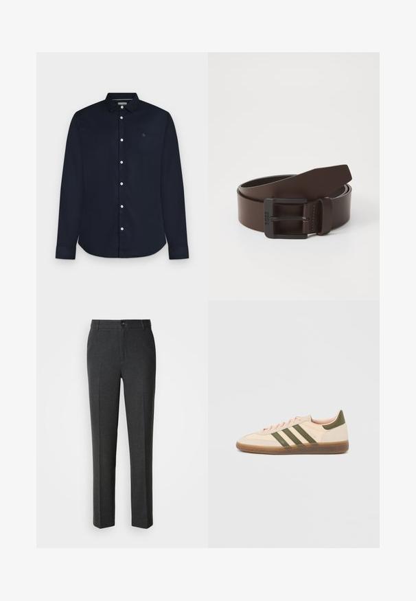 Chemise homme bleu marine à manches longues avec col et boutons blancs, présentée sur fond gris clair.; Pantalons gris foncé sur mesure en tissu lisse, dotés d'une fermeture à bouton, de deux poches avant et d'une coupe droite.; Baskets beige discrètes Adidas Spezial avec des bandes vertes, une semelle en caoutchouc et le logo "SPEZIAL" sur le côté, vues de l'extérieur.; Ceinture en cuir brun avec une boucle rectangulaire en métal noir, présentant des détails de couture le long des bords et une texture lisse.