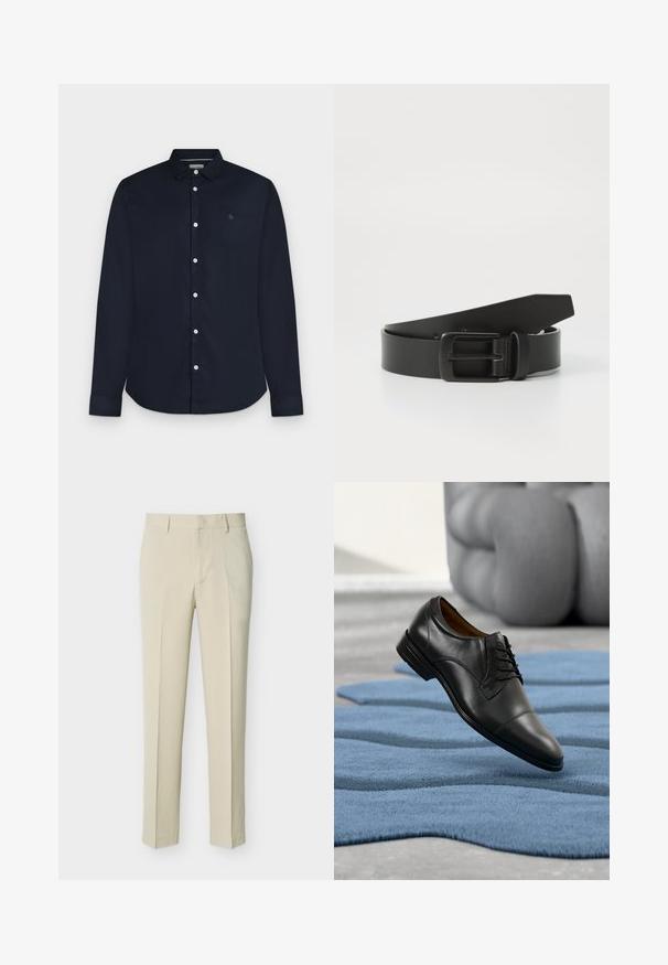 Chemise homme bleu marine à manches longues avec col et boutons blancs, présentée sur fond gris clair.; Pantalon beige coupé droit avec passants de ceinture et fermeture éclair à l'avant, présenté sur un fond clair uni.; Chaussure habillée en cuir noir à finition lisse, avec un design à lacets et un bout arrondi, suspendue au-dessus d'un tapis bleu texturé.; Ceinture en cuir noir avec une boucle en métal noir mat, présentant une texture lisse et un design simple. Longueur réglable avec une extrémité effilée.