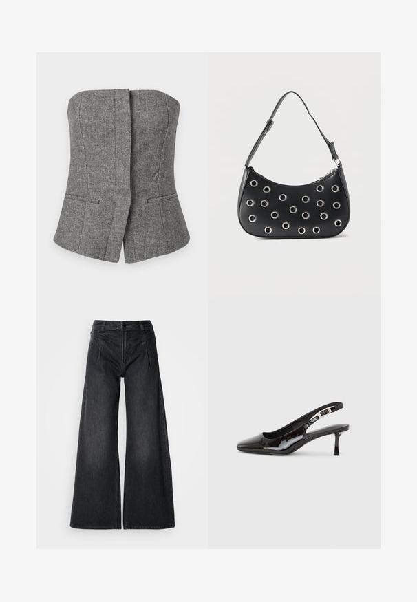 Gilet sans bretelles gris à motif chevrons avec une coupe ajustée et deux poches passepoilées à l'avant.; Jean large noir en denim, avec taille haute, deux poches à l'avant et des coutures visibles, présentant une finition texturée subtile.; Chaussure slingback en cuir verni noir avec bout pointu, boucle argentée et talon kitten de hauteur moyenne sur un fond clair uni.; Sac d'épaule en cuir noir avec bandoulière réglable, orné d'œillets en métal argenté et fermeture éclair supérieure.