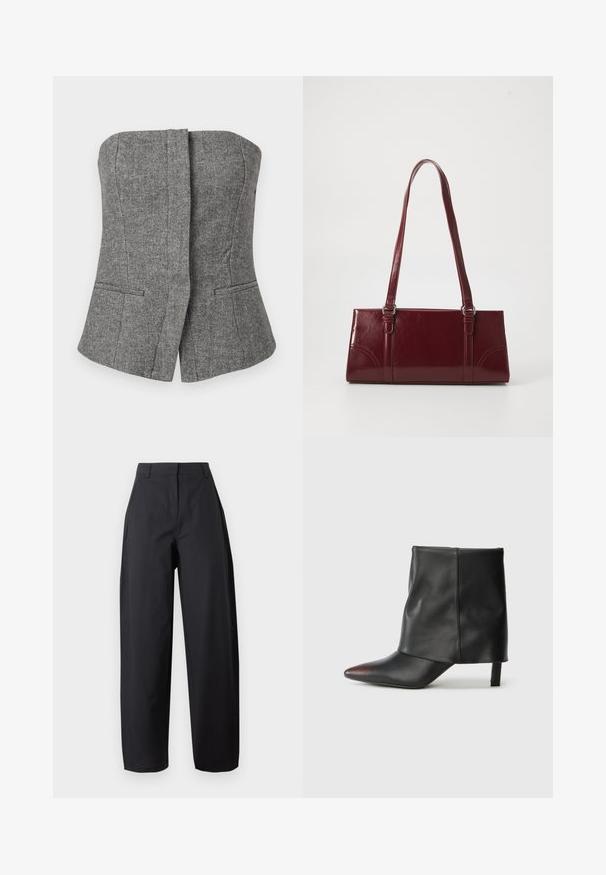 Gilet sans bretelles gris à motif chevrons avec une coupe ajustée et deux poches passepoilées à l'avant.; Pantalon noir taille haute à jambes larges avec poches avant et passants de ceinture, présenté sur un fond clair uni.; Bottine noire en cuir lisse avec un bout pointu et un talon effilé. La tige présente un design légèrement froncé.; Sac à main bordeaux en matériau brillant, de forme rectangulaire, avec deux anses et des accents légèrement courbés à l'avant.