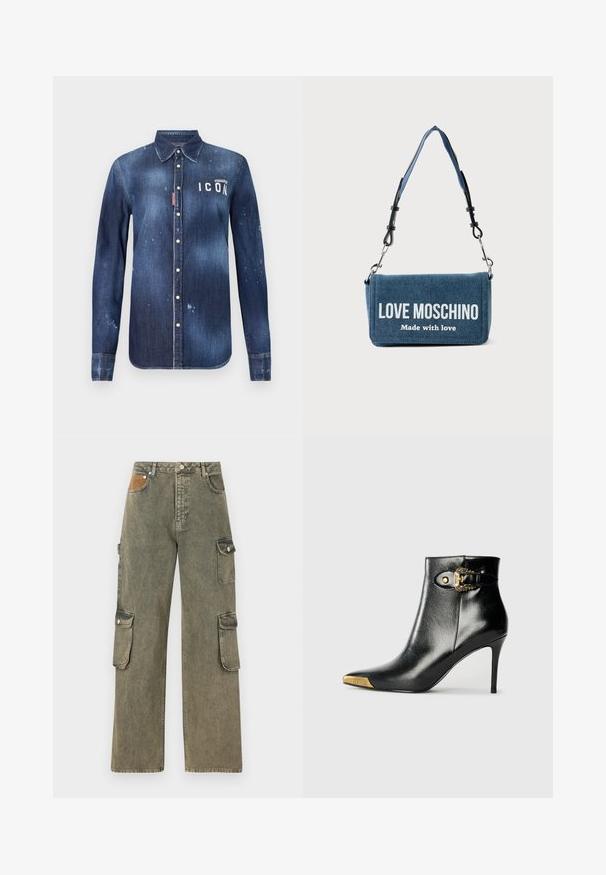 Camisa de denim en azul oscuro, con un diseño de botones, desgarros preservados, acentos desgastados y texto blanco "ICON" en el pecho.; Pantalones cargo en denim verde grisáceo, con cintura alta, piernas anchas, dos bolsillos cargo laterales y un parche texturizado beige en la parte frontal.; Botín negro hasta el tobillo fabricado en cuero brillante, con punta puntiaguda, tacón de aguja y detalles dorados con una hebilla decorativa.; Bolso de hombro de mezclilla con correa desmontable, que muestra el texto "LOVE MOSCHINO Made with love" en la solapa frontal.