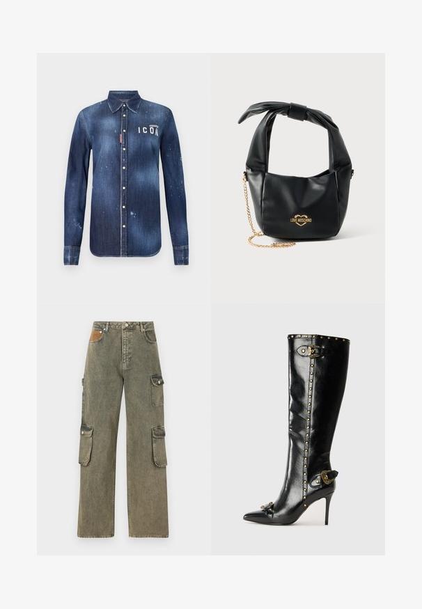 Denimskjorte i mørkeblå, med knap-ned design, bevaret slid, distressed detaljer og hvid "ICON" tekst på brystet.; Cargo bukser i grågrøn denim med høj talje, brede ben, to sidelommer til cargo og en tekstureret lys brun lap på fronten.; Sorte læder højhælede støvler med spids tå, guldfarvede nitter langs skaftet, metalspænde detalje og dekorativt element ved hælen.; Sort blød læder Love Moschino håndtaske med knyttet håndtag og guldkæde-strop på hvid baggrund.