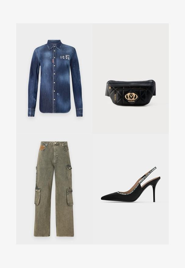 Camisa de denim en azul oscuro, con un diseño de botones, desgarros preservados, acentos desgastados y texto blanco "ICON" en el pecho.; Pantalones cargo en denim verde grisáceo, con cintura alta, piernas anchas, dos bolsillos cargo laterales y un parche texturizado beige en la parte frontal.; Zapato negro de tacón alto tipo slingback con punta puntiaguda, tacón de aguja fino y texto "LOVE MOSCHINO" en la correa y el borde.; Riñonera de cuero negro acolchada con placa dorada del logo Love Moschino y bolsillo frontal con cremallera sobre fondo blanco.