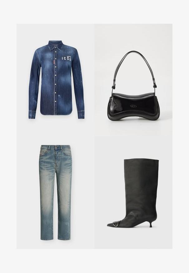 Chemise en denim bleu foncé, présentant un design à boutons, avec un effilochage préservé, des accents usés et un texte blanc "ICON" sur la poitrine.; Jean bleu délavé à jambes droites avec poches avant et passants de ceinture, présenté sur un fond clair uni.; Bottines en cuir noir à bout pointu, petite talon et détail métallique sur le bout. Texture lisse et mate partout.; Sac à main en vernis noir avec une forme courbée, une poignée unique et un fond arrondi. Présente un détail de logo discret à l'avant.