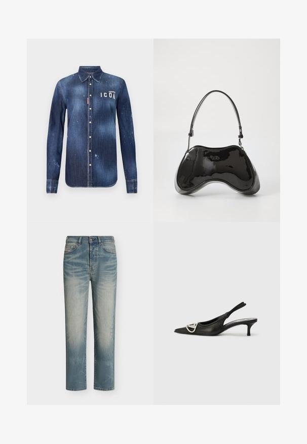 Chemise en denim bleu foncé, présentant un design à boutons, avec un effilochage préservé, des accents usés et un texte blanc "ICON" sur la poitrine.; Jean bleu délavé à jambes droites avec poches avant et passants de ceinture, présenté sur un fond clair uni.; Escarpin noir en cuir avec un bout pointu, arborant un accent logo argenté et un petit talon. Texture lisse et design minimaliste.; Sac à main en cuir verni noir avec une forme incurvée unique, une anse courte et ajustable, et une fermeture zippée. Texture lisse avec un branding discret.