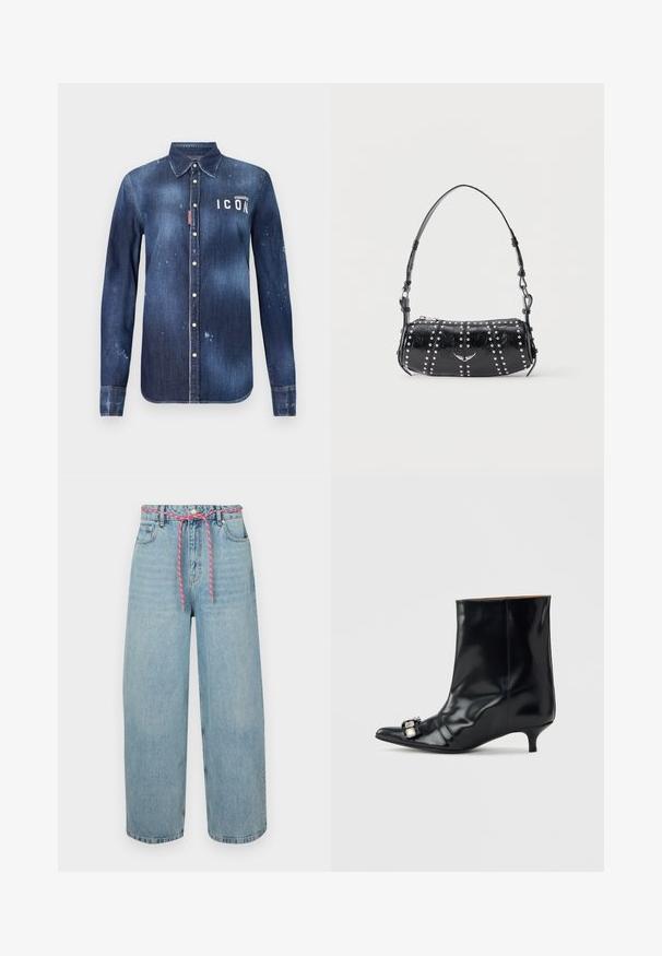 Denimskjorte i mørkeblå, med knap-ned design, bevaret slid, distressed detaljer og hvid "ICON" tekst på brystet.; Lysblå denim brede bukser med høj talje, der har en pink vævet snor og fem lommer. Autentisk falmet tekstur.; Sort læder ankelstøvle med spids tå, lav kitten-hæl og dekorativ sølvspænde på siden nær tåen.; Sort skuldertaske i laklæder med sølvnitter i lodrette rækker og et lille sølvfugleemblem midt på fronten.