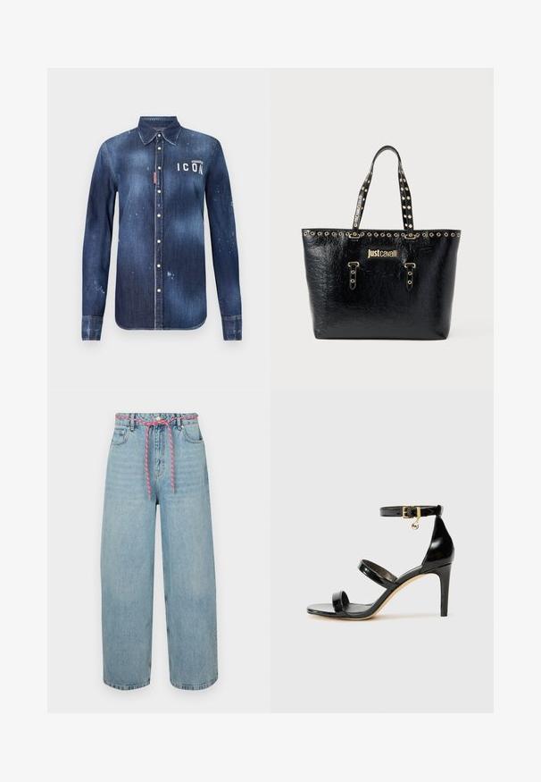 Denimskjorte i mørkeblå, med knap-ned design, bevaret slid, distressed detaljer og hvid "ICON" tekst på brystet.; Lysblå denim brede bukser med høj talje, der har en pink vævet snor og fem lommer. Autentisk falmet tekstur.; Sorte patenterede lædersandaler med tre stropper, ankelspænde og 10 cm stiletthæl. Har detaljer i guld og et logo charms.; Sort tekstureret shoppertaske med dobbelte håndtag og gyldne øjenkropsdetaljer, med gyldent "Just Cavalli"-logo foran.