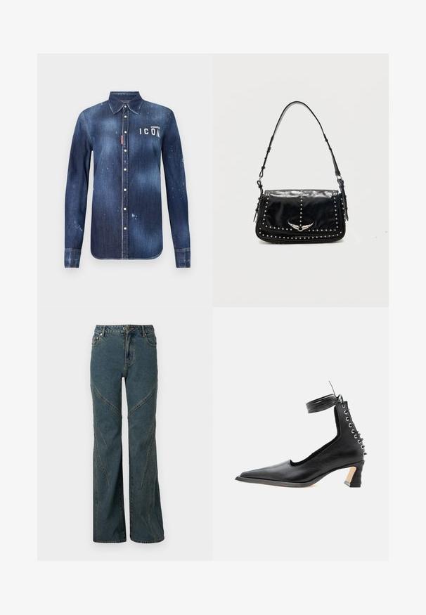 Donkerblauwe denim shirt met een knoopsluiting, bewaard rafeling, versleten accenten en witte "ICON" tekst op de borst.; Blauwe denim jeans met een wijdlopende pasvorm, voorzien van gebogen naaddetails en standaard vijf-pocket styling. Ong afgebroken zoom aan de onderkant.; Zwarte leren schoen met lage hak en puntige neus, veters aan de achterkant en een enkelbandje, afgebeeld tegen een effen witte achtergrond.; Zwarte leren schoudertas met zilverkleurige studs en een metalen vleugel-embleem op de voorklep tegen een effen achtergrond.