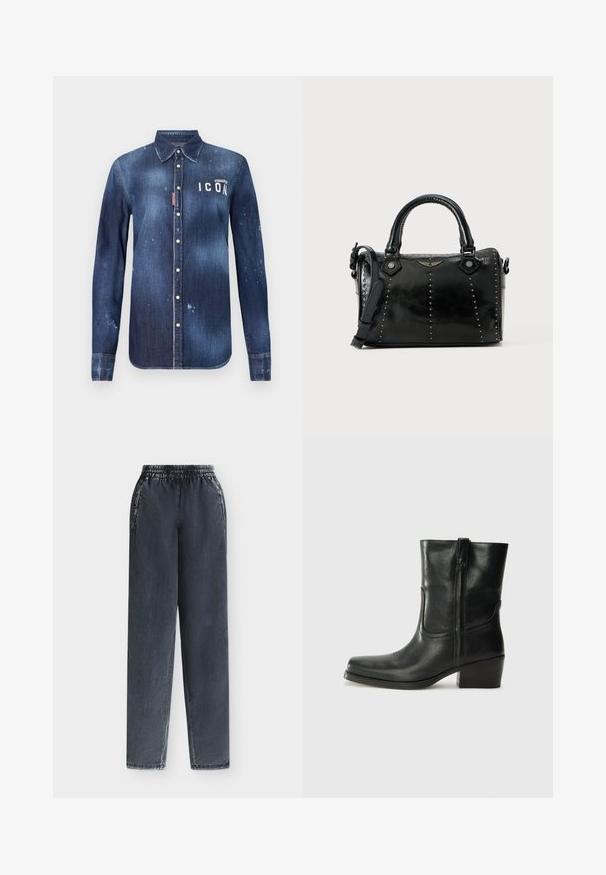 Denimskjorte i mørkeblå, med knap-ned design, bevaret slid, distressed detaljer og hvid "ICON" tekst på brystet.; Sort vaskede denim joggerbukser med elastisk taljebånd og sidelommer, vist fladt på en lys baggrund.; Sort læder ankelstøvle med rundt tå, blokhæl, lynlås i siden og stikninger på vampsiden. Glat tekstur, klassisk design.; Sort læderhåndtaske med en struktureret form, der har sølvnitter, dobbelte top-håndtag og en aftagelig skulderrem.