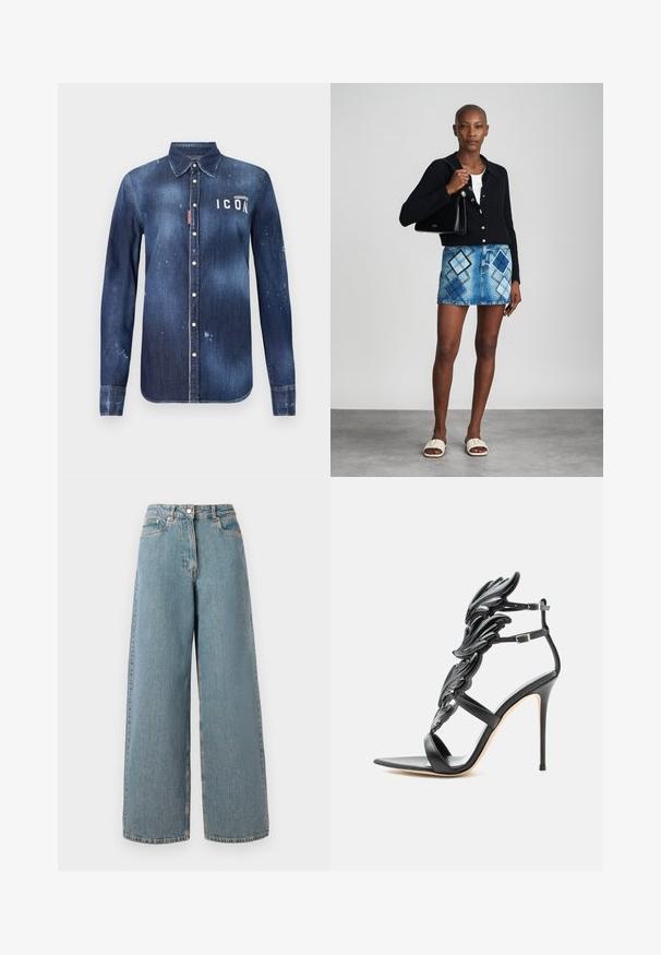 Chemise en denim bleu foncé, présentant un design à boutons, avec un effilochage préservé, des accents usés et un texte blanc "ICON" sur la poitrine.; Jeans en denim bleu clair taille haute, à jambes larges, avec fermeture éclair à l'avant, bouton et poches avant.; Sandale noire à talon haut avec des éléments décoratifs brillants en forme d'aile et des doubles brides de cheville avec des boucles argentées.; Un cardigan en maille noir, un haut blanc, une jupe en denim avec un motif de diamants bleus et noirs, un sac à main noir et des sandales à enfiler beiges.