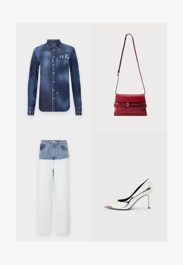 Denimskjorte i mørkeblå, med knap-ned design, bevaret slid, distressed detaljer og hvid "ICON" tekst på brystet.; Denimjeans med en blå øverste sektion, der falmer over i en lysere blå nederste sektion. Har fem lommer, en knaplukning og lige bendesign.; Sølvmetallic spids tå højhælede pumpe med tynd stilethælhæl og "Versace Jeans Couture"-logo på tåspidsen.; Rød lædertaske med guldlås, justerbar rem og glat finish, vist hængende mod en ensfarvet baggrund.