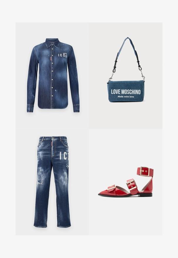 Camisa de denim en azul oscuro, con un diseño de botones, desgarros preservados, acentos desgastados y texto blanco "ICON" en el pecho.; Vaqueros de mezclilla azul oscuro con parches desgastados, manchas de pintura claras y letras blancas en negrita. Diseño de pierna recta con un ajuste clásico.; Zapato plano de charol rojo con punta afilada, tres grandes hebillas doradas cruzando el pie y el tobillo, y suela negra sobre fondo blanco.; Bolso de hombro de mezclilla con correa desmontable, que muestra el texto "LOVE MOSCHINO Made with love" en la solapa frontal.