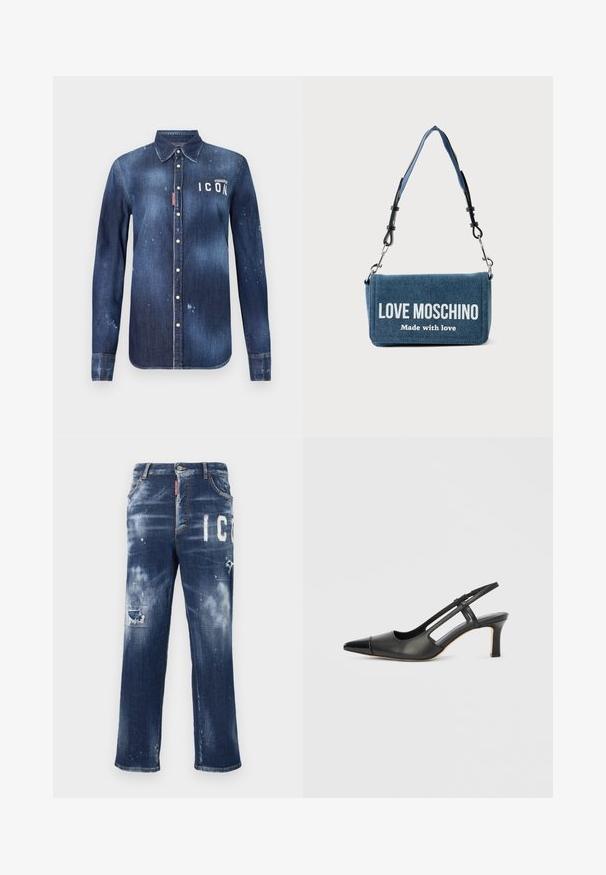 Chemise en denim bleu foncé, présentant un design à boutons, avec un effilochage préservé, des accents usés et un texte blanc "ICON" sur la poitrine.; Jeans en denim bleu foncé avec des patchs déchirés, des éclaboussures de peinture claires et de grandes lettres blanches. Conception à jambe droite avec une coupe classique.; Chaussure à bride arrière en cuir noir avec bout pointu, dotée d'un accent brillant sur le bout et d'un talon de hauteur moyenne. Design latéral ouvert.; Sac à bandoulière en denim avec sangle détachable, affichant le texte "LOVE MOSCHINO Made with love" sur le rabat avant.