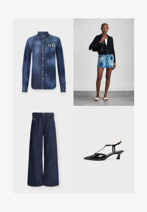 Denimskjorte i mørkeblå, med knap-ned design, bevaret slid, distressed detaljer og hvid "ICON" tekst på brystet.; Mørkeblå vidde jeans med knapper og lynlås foran, bæltestropper og fem-lomme design.; Sort laklæder spids tå slingback sko med T-rem og lav skrå blokhæl på hvid baggrund.; Sort striktrøje, hvid top, denimnederdel med blå og sort diamantmønster, sort håndtaske og beige slidesandaler.