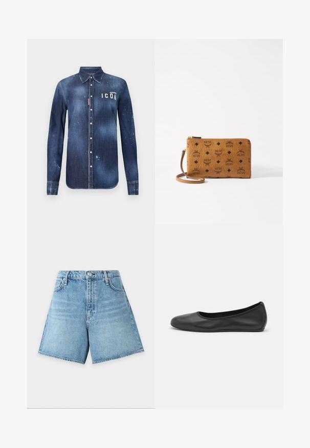 Denimskjorte i mørkeblå, med knap-ned design, bevaret slid, distressed detaljer og hvid "ICON" tekst på brystet.; Lyseblå denimshorts med knap og lynlås foran, bæltestropper og fem-lomme-design på en ensartet lys baggrund.; Sort læderballetsko med rund tå, glat tekstur, minimal syning og et fleksibelt såldesign.; Brun quiltet pung med sort MCM logo mønster. Har lynlås lukning, håndledsrem og en glat tekstur. Kompakt rektangulært design.