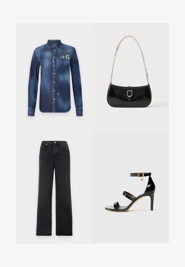Camisa de denim en azul oscuro, con un diseño de botones, desgarros preservados, acentos desgastados y texto blanco "ICON" en el pecho.; Pantalones vaqueros anchos negros de mezclilla. Presentan una cintura alta, dos bolsillos frontales y un cierre de botón con detalles de cobre.; Sandalia de charol negro con tres correas, hebilla en el tobillo y tacón de aguja de 10 cm. Presenta detalles de hardware en oro y un charm con el logo.; Bolso de hombro de charol negro con detalle de hebilla plateada y correa de cadena plateada, presentado sobre un fondo liso y claro.