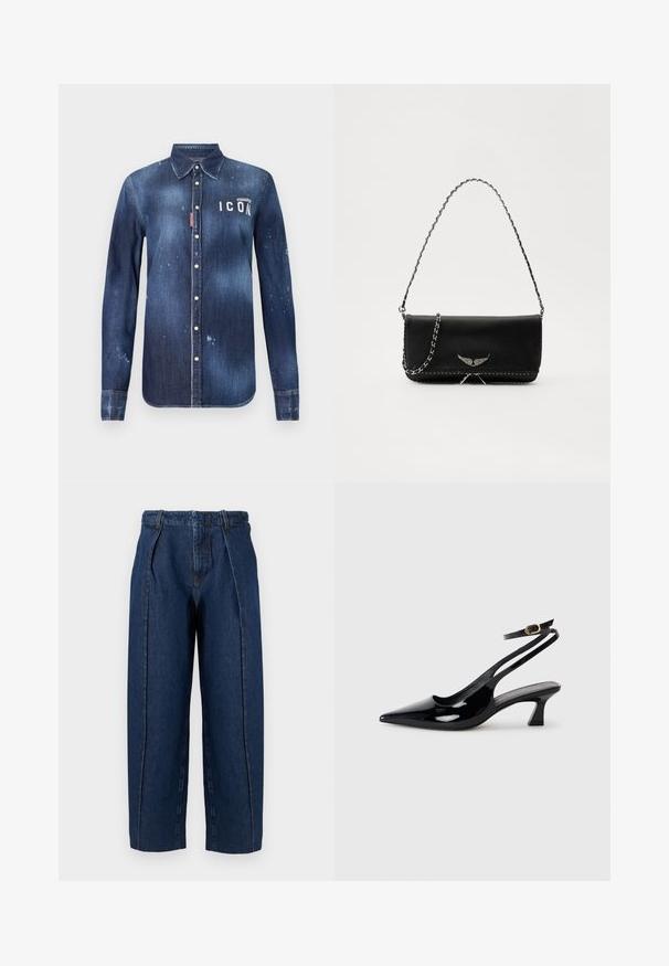 Donkerblauwe denim shirt met een knoopsluiting, bewaard rafeling, versleten accenten en witte "ICON" tekst op de borst.; Donkerblauwe denim jeans met hoge taille en wijde pijpen, voorzien van voorpliemen en taillebandlussen, weergegeven tegen een effen witte achtergrond.; Zwarte gepatineerde leren slingback hakken met een puntige neus, lage blokhak en een verstelbare enkelband met een gouden gespsluiting.; Zwarte leren handtas met een zilveren kettingband, voorzien van decoratieve vleugelaccenten en witte stiksels langs de onderste naad.
