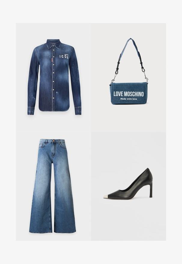 Chemise en denim bleu foncé, présentant un design à boutons, avec un effilochage préservé, des accents usés et un texte blanc "ICON" sur la poitrine.; Jean en denim bleu taille haute avec jambes larges, bouton sur le devant, fermeture éclair et design cinq poches sur un fond clair uni.; Chaussure à talon haut en cuir noir avec bout pointu et capuchon argenté métallique. Présente une finition lisse et un talon fin de 10 cm.; Sac à bandoulière en denim avec sangle détachable, affichant le texte "LOVE MOSCHINO Made with love" sur le rabat avant.