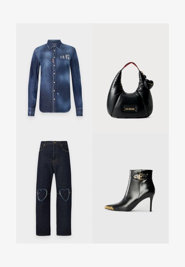 Camisa de denim en azul oscuro, con un diseño de botones, desgarros preservados, acentos desgastados y texto blanco "ICON" en el pecho.; Jeans vaqueros de mezclilla azul oscuro con perneras rectas y parches desgastados en forma de corazón en ambas rodillas.; Botín negro hasta el tobillo fabricado en cuero brillante, con punta puntiaguda, tacón de aguja y detalles dorados con una hebilla decorativa.; Bolso de cuero sintético negro con forma curva, que presenta una placa de logo dorada y un charm en forma de corazón. La correa interior tiene un detalle de logo rojo.