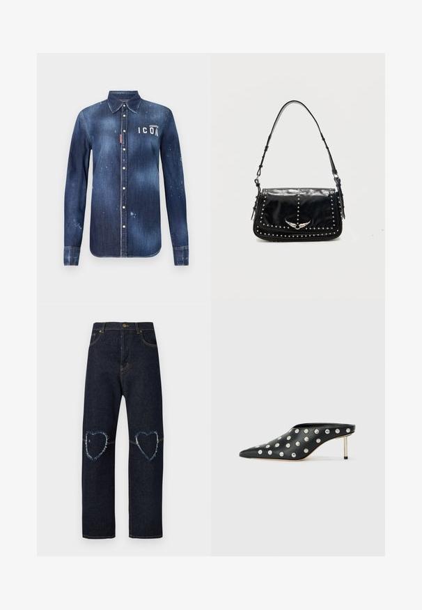 Camisa de denim en azul oscuro, con un diseño de botones, desgarros preservados, acentos desgastados y texto blanco "ICON" en el pecho.; Jeans vaqueros de mezclilla azul oscuro con perneras rectas y parches desgastados en forma de corazón en ambas rodillas.; STAND STUDIO KELSEY - Mules de tacón - black; Bolso de hombro de piel negra con detalles de tachuelas plateadas y emblema metálico alado en la solapa frontal sobre un fondo liso.