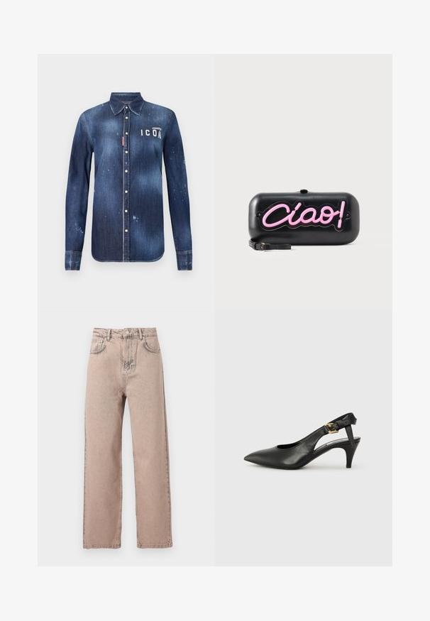 Denimskjorte i mørkeblå, med knap-ned design, bevaret slid, distressed detaljer og hvid "ICON" tekst på brystet.; Beige højtaljede jeans med lige ben, forreste knap, bæltestropper og klassisk design med fem lommer på ensfarvet baggrund.; Sorte læderslingback pumps med spids tå, lille hæl og en spænde detalje på ankelremmen. Glat tekstur, minimalistisk design.; Sort rektangulær clutch med pink neonstil "Ciao!" bogstaver og en lille sort håndledsrem på en hvid baggrund.