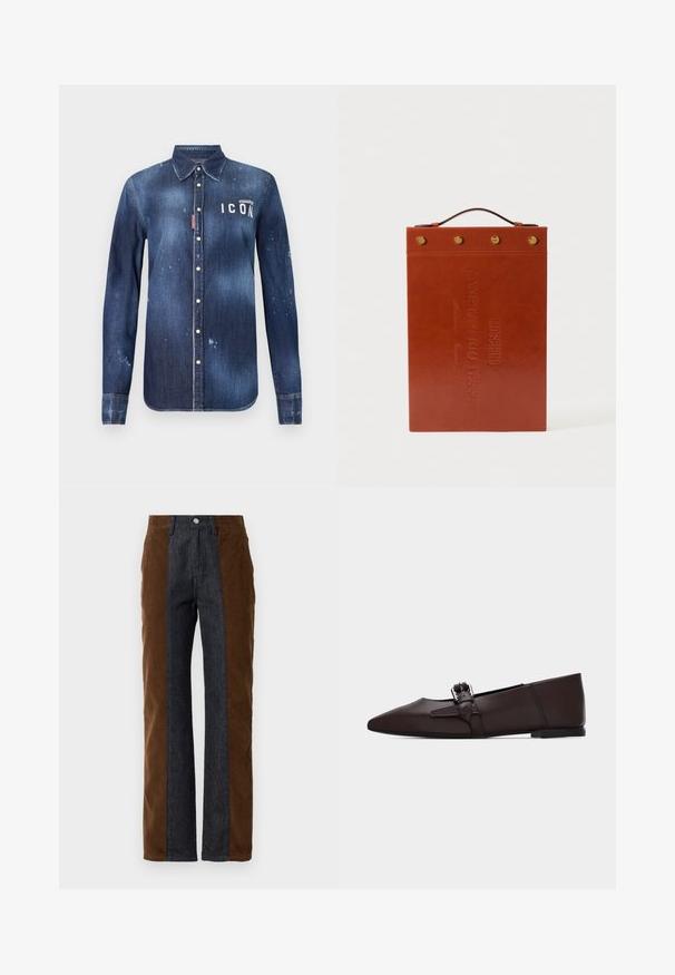 Denimskjorte i mørkeblå, med knap-ned design, bevaret slid, distressed detaljer og hvid "ICON" tekst på brystet.; Corduroy- og denimbukser med lodret panelering i mørkebrun og navy blå, med lige pasform og standard fem-lomme design.; Mørkebrune flade sko med spids tå og lav hæl samt en dekorativ ankelrem med en sølvspænde på en ensfarvet baggrund.; Brun læder dokumentmappe med en flad rektangulær form, præget tekst, et håndtag i toppen og guldfarvede metal detaljer.