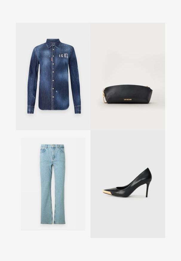 Denimskjorte i mørkeblå, med knap-ned design, bevaret slid, distressed detaljer og hvid "ICON" tekst på brystet.; Lyseblå denimjeans med lige ben, foran knap, lynlås, bæltestropper og fem-lomme design mod en hvid baggrund.; Sort læder stiletter med spids tå; har et metalisk guldakcent på tåkapperne. Glat overflade med et strømlinet design.; Sort Moschino pung med guldkæde og guldlogo foran, sat mod en ensfarvet lys baggrund.