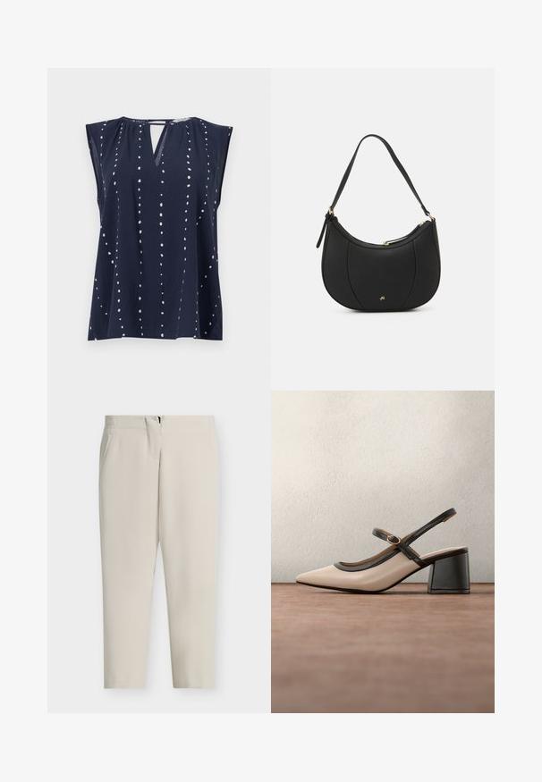 Top sans manches bleu marine avec décolleté en V et détail en trou de serrure, présentant des motifs à pois blancs disposés verticalement sur le tissu.; Pantalon beige sur mesure avec une coupe droite, poches latérales et fermeture éclair frontale. Tissu lisse avec un design épuré et minimaliste.; Chaussure beige à talons hauts avec bride arrière, bout pointu, bordure noire et détail boucle. Matériau lisse à finition mate, talon moyen épais.; Sac à main en cuir noir avec une forme courbée, surface texturée, coutures avant et un logo doré. Il est doté d'une seule sangle ajustable.