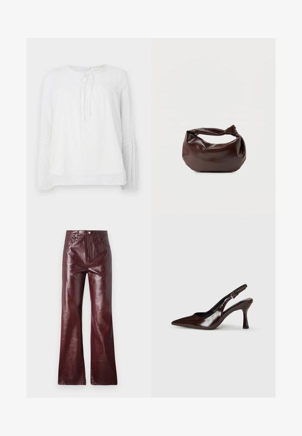 Chemisier blanc à manches longues avec des accents en dentelle, décolleté rond, corsage froncé et pois texturés sur un tissu lisse.; Vero Moda VMTESSA WIDE VINYL - Pantalon classique - winetasting; Talons slingback en cuir verni brun avec un bout pointu, un talon fin, et une sangle réglable avec une petite boucle.; Sac bandoulière en cuir marron foncé avec une forme souple et décontractée et une anse nouée torsadée sur un fond blanc uni.
