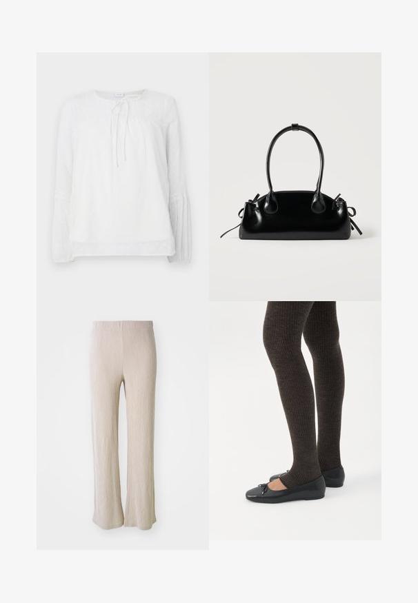 Chemisier blanc à manches longues avec des accents en dentelle, décolleté rond, corsage froncé et pois texturés sur un tissu lisse.; Pantalon beige à jambes larges en tissu texturé avec des rayures verticales. Dispose d'une taille élastique et d'une coupe décontractée sur toute la jambe.; Jambes portant des leggings côtelés foncés associés à des ballerines noires avec de petits détails en nœud sur fond blanc.; Petit sac à main noir brillant avec deux longues anses et des détails à cordon sur les côtés sur un fond clair uni.