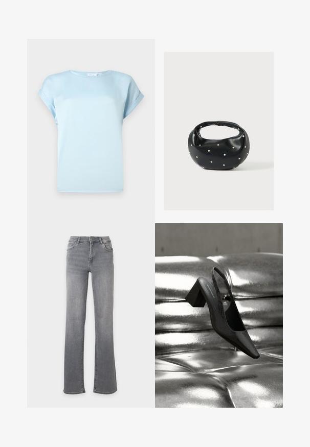 Blouse bleu clair à manches courtes avec manches retroussées et encolure ronde, présentée sur un fond blanc uni.; Jean gris en denim à coupe droite, avec poches avant, passants de ceinture et fermeture à bouton.; Escarpin noir à bride arrière avec bout pointu, présentant une surface texturée et un talon bloc épais. Posé sur un fond métallique brillant.; Sac à main en cuir noir de forme arrondie, décoré de clous argentés et équipé d'une poignée courte. Texture lisse et fermeture éclair.