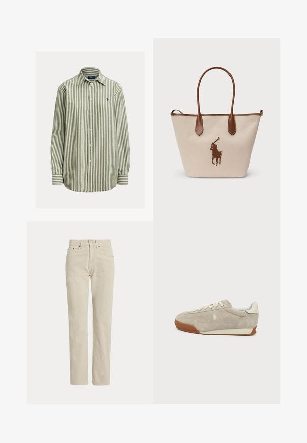 Green and white striped button-up shirt, cotton fabric, long sleeves, classic collar, features logo in navy on the left chest, plain cuffs.; Beige straight-leg corduroy pants with belt loops, front button, zip closure, and front pockets.; Beige suede low-top sneaker with white laces, brown rubber sole, and a small embroidered logo on the side.; Beige canvas tote bag with brown leather accents and handles, featuring a brown embroidered polo player logo on the front.
