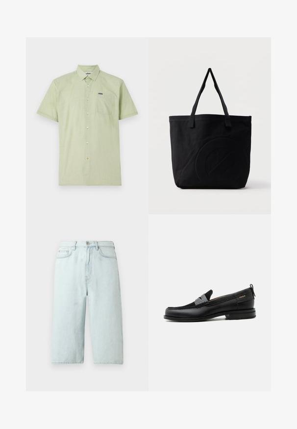Grünes Kurzarm-Hemd mit Knöpfen, aus strukturiertem Stoff, einer Brusttasche, Logo-Label auf der Tasche und hellen Knöpfen.; Hellblaue Jeansshorts mit geradem Bein, mittlerer Bundhöhe, vorderen Taschen und einer einzelnen Gesäßtasche, veredelt mit dezenter Naht.; Schwarzer Lederloafer mit grauem Riemendetail, niedrigem Absatz und strukturierter Sohle, seitlich mit „HUGO“ in Gold gebrandmarkt.; Schwarze Canvas-Shopper-Tasche mit zwei Schulterriemen und einem dezenten, eingeprägten kreisförmigen Design auf der Vorderseite.
