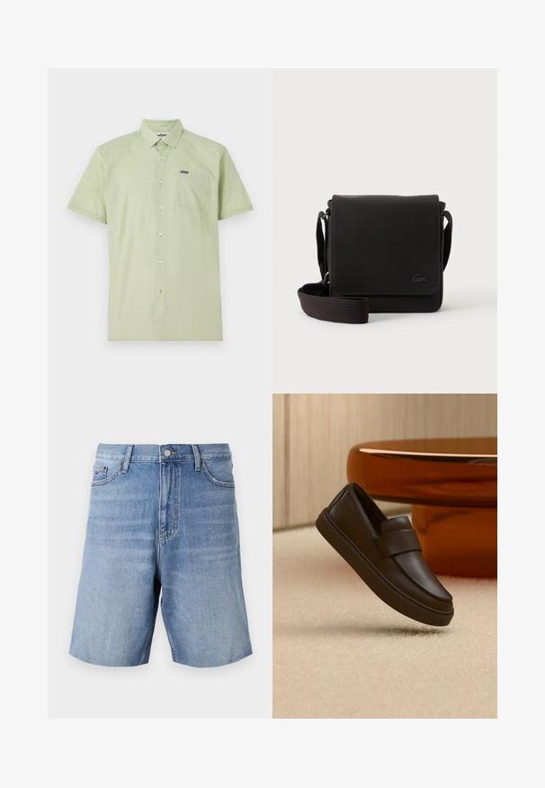 Groene overhemd met korte mouwen, gestructureerde stof, enkele borstzak, logo-label op de zak en lichtgekleurde knopen.; Lichtblauwe denim shorts met een relaxed fit, voorzien van een knoopsluiting, vijf zakken en opvallende vervaging aan de voorkant.; Enkele donkerbruine leren loafer die boven een crèmekleurig tapijt zweeft met een ronde oranje tafel op de achtergrond.; Zwarte crossbody tas met klepafsluiting, verstelbare riem, gestructureerde stof en klein geperst logo rechtsonder aan de voorkant.