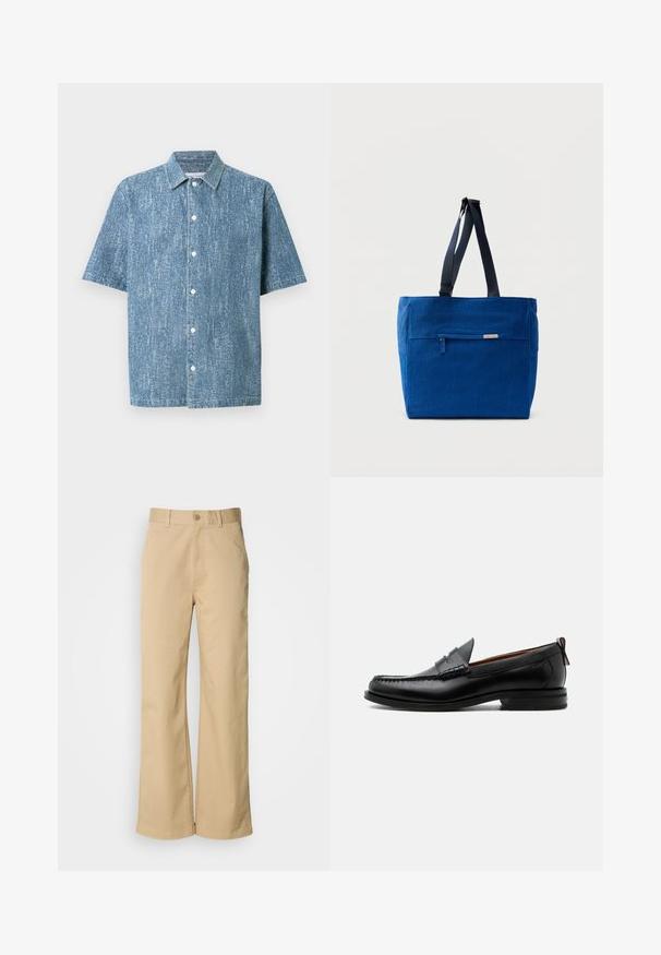 Chemise à manches courtes en tissu denim bleu avec une finition texturée, dotée d'un col classique et de boutons blancs.; Pantalon large beige en mélange coton. Fermeture par bouton et passants de ceinture. Texture lisse, avec des détails de couture minimaux.; Mocassin homme en cuir noir avec couture moc toe, bride penny, col texturé et petit talon empilé sur fond blanc.; Sac fourre-tout en toile bleue avec une poche zippée à l'avant, des doubles bretelles et une forme rectangulaire. Dispose d'une étiquette de marque discrète.