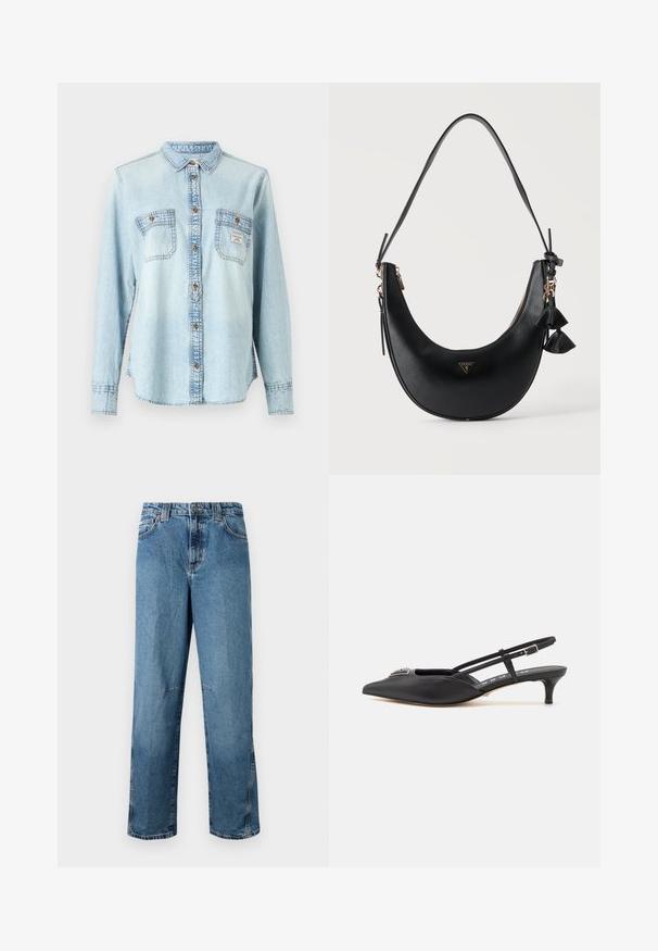 Chemise en jean bleu clair à manches longues, devant à boutons, deux poches poitrine et détails de couture contrastants.; Jean en denim bleu clair avec une coupe droite, dotée de poches cousues, d'une fermeture à bouton sur le devant et d'un léger délavage sur le tissu.; Chaussures noires à talon slingback avec un bout pointu, en matériau lisse, dotées d'un petit talon et d'un accent décoratif en argent sur le dessus.; Sac à épaule noir en forme de croissant avec surface texturée, fermeture éclair dorée, breloque pompon et petit logo triangulaire Guess au centre devant.