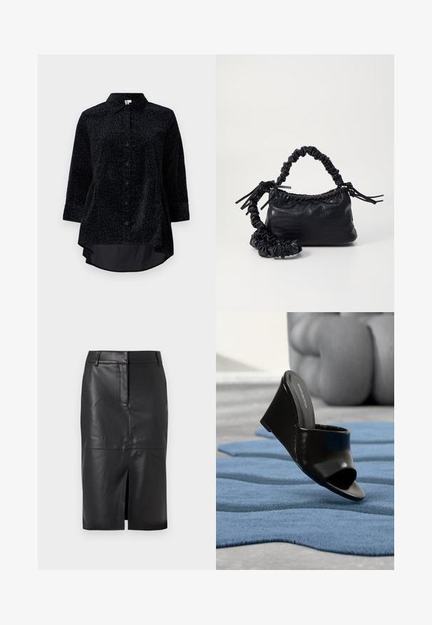 Čierna košeľa na gombíky s leopardím vzorom, vyrobená z mäkkej textúrovanej tkaniny, s zakriveným lemom a rukávmi s dĺžkou trištvrte.; Čierna kožená ceruzková sukňa s predným rozparkom, s hladkou textúrou, dvoma bočnými vreckami a priliehavým strihom.; Čierna klinová mule topánka s otvorenou špičkou na modrom textúrovanom koberci, v pozadí rozostrená sivá pohovka.; Čierna umelá kožená kabelka s kroko vzorom, sťahovaným vrchom a zhnutým popruhom. Vyzerá mäkko a kompaktné v dizajne.