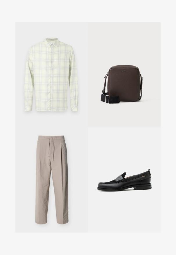 Chemise à manches longues à carreaux jaune clair avec col et boutons, présentée à plat sur un fond blanc.; Pantalon beige texturé à cordon de serrage, jambes droites et taille élastique, présenté sur un fond blanc.; Mocassin en cuir noir avec détail de bride grise, talon bas et semelle texturée, marqué "HUGO" en or sur le côté.; Petit sac bandoulière en cuir marron avec une bandoulière noire réglable et des boucles argentées, embossé avec le logo BOSS au centre devant.